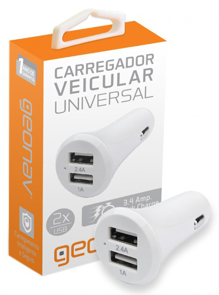 Carregador Veicular para celular - 2 saídas USB - com 2 portas USB - 2.4A + 1A - Branco - Geonav CH34C