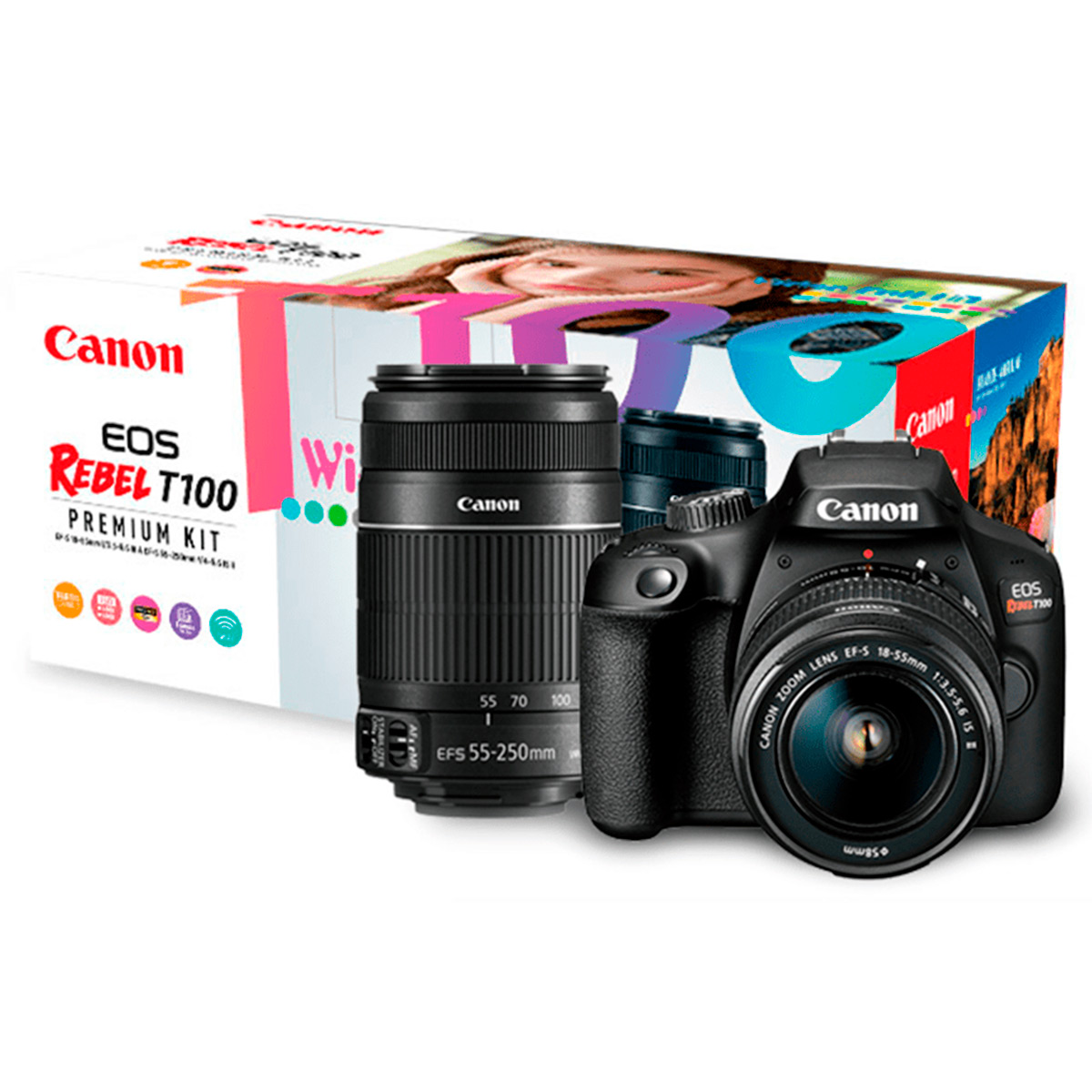 Canon EOS Rebel T100 Premium Kit com Lente 18-55 e Lente EF-S 55-250 - 18 Mega Pixels - Sensor CMOS - DIGIC 4+ - Wi-Fi - 2628C005AA