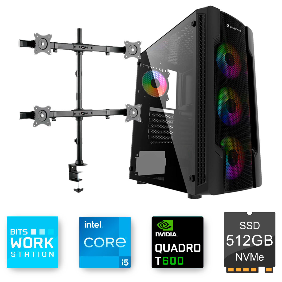 Computador WorkStation Bits Trader Profit II - Intel i5 14400F, 16GB, SSD 500GB, Nvidia Quadro T600, Acompanha suporte de mesa para até 4 monitores