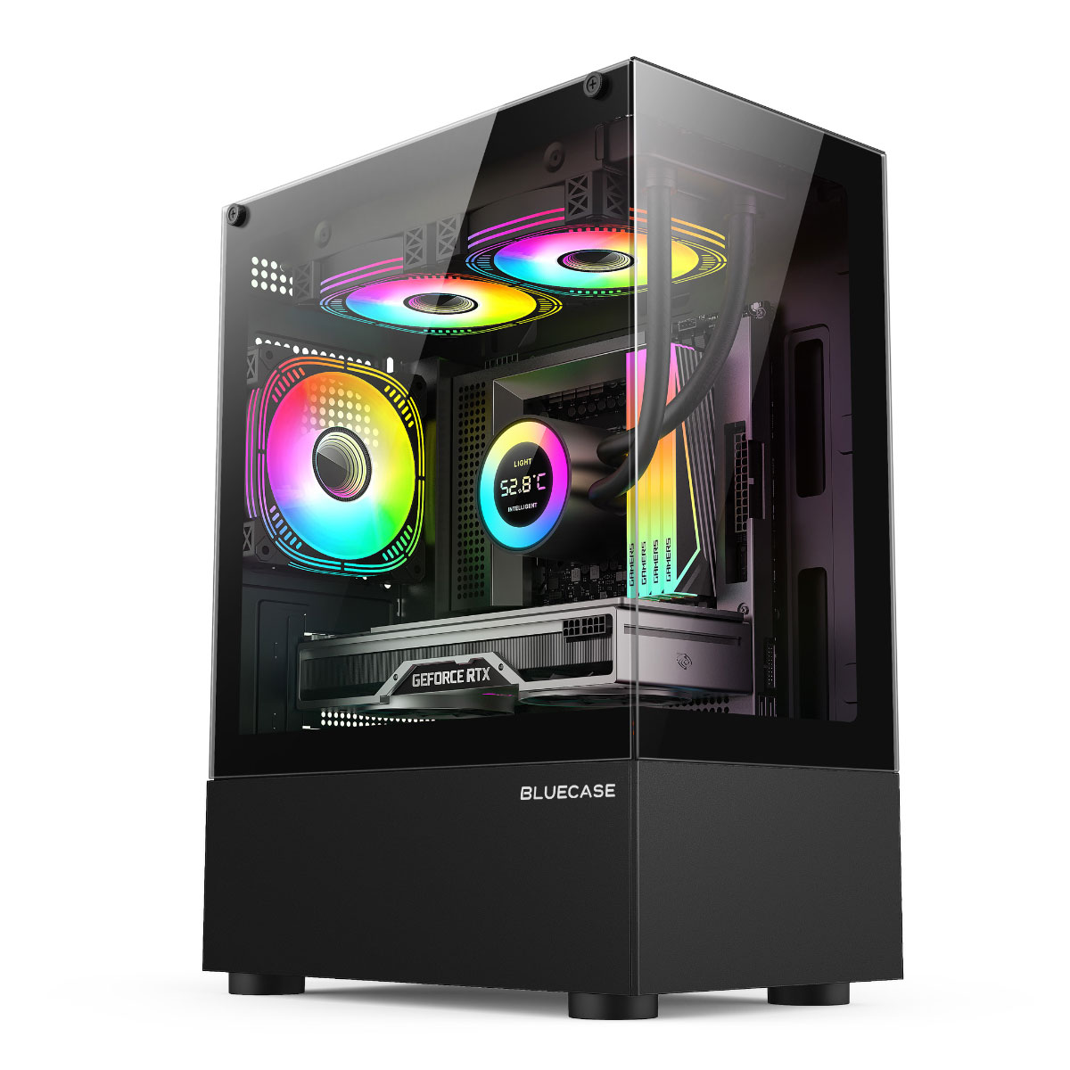 Gabinete Gamer Aquário Bluecase Nuker BG-053BBX - Lateral e Frontal em Vidro Temperado - Micro ATX - USB 3.2 - Preto