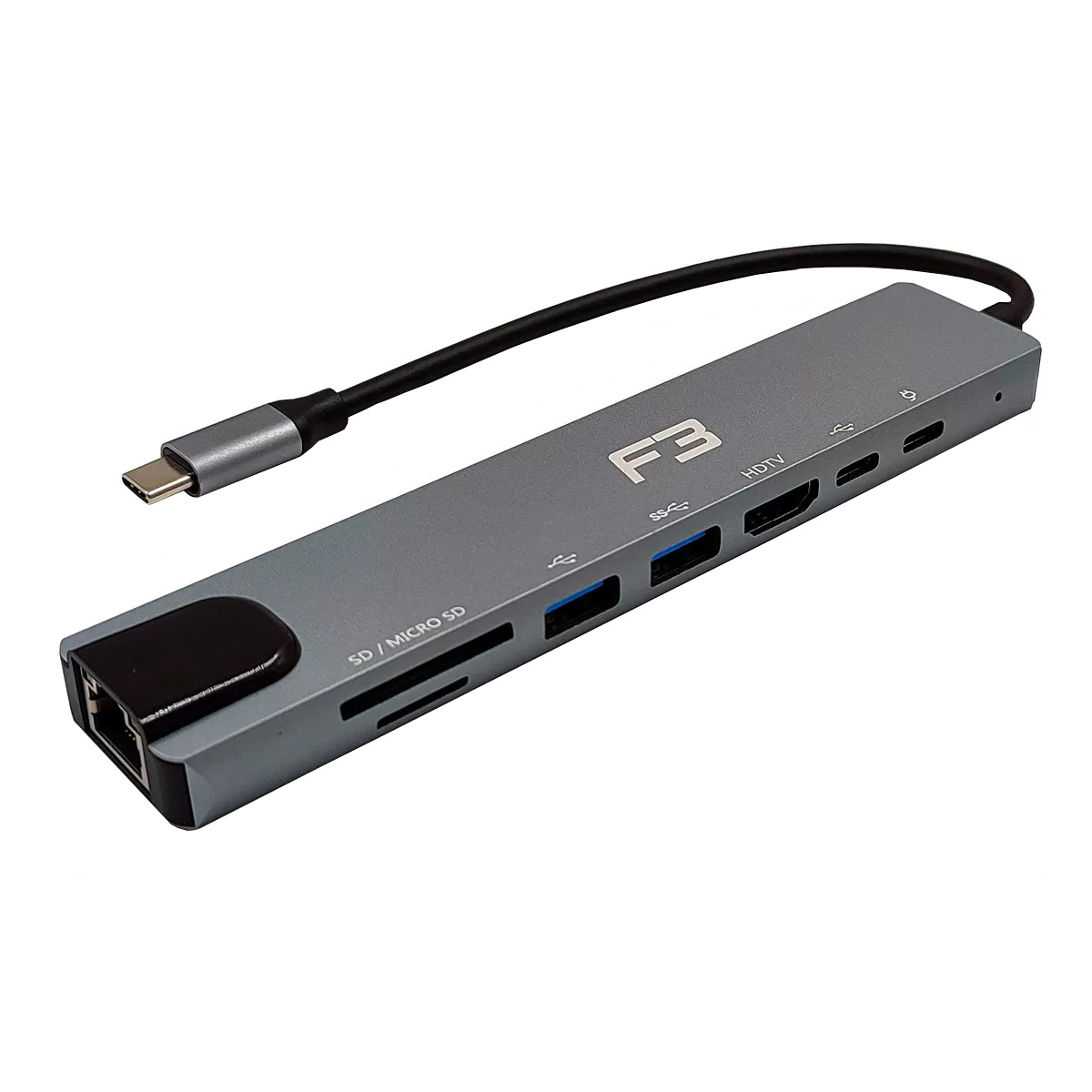 Adaptador USB-C para RJ45 - HUB 3 Portas USB 3.0 - HDMI, Leitor de Cartão - 8 em 1 - F3 JC-TYC-860