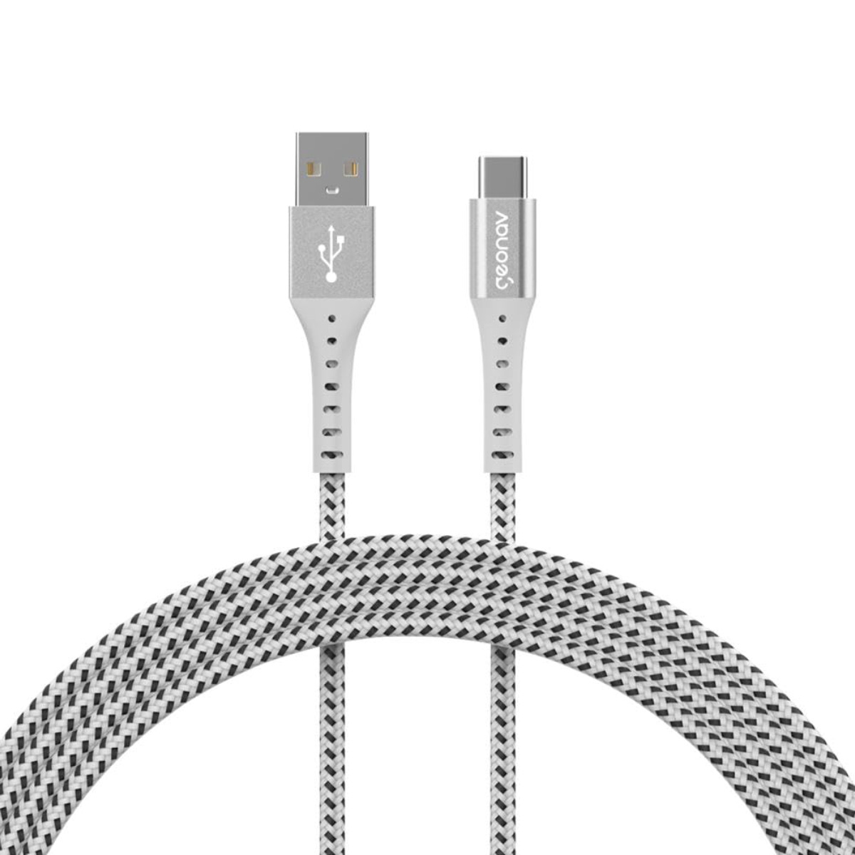 Cabo USB-C para USB - Carregamento Rapido - Revestimento em Nylon Trançado - 1,2 metros - 40W - Cinza e Branco - Geonav ESC05WT