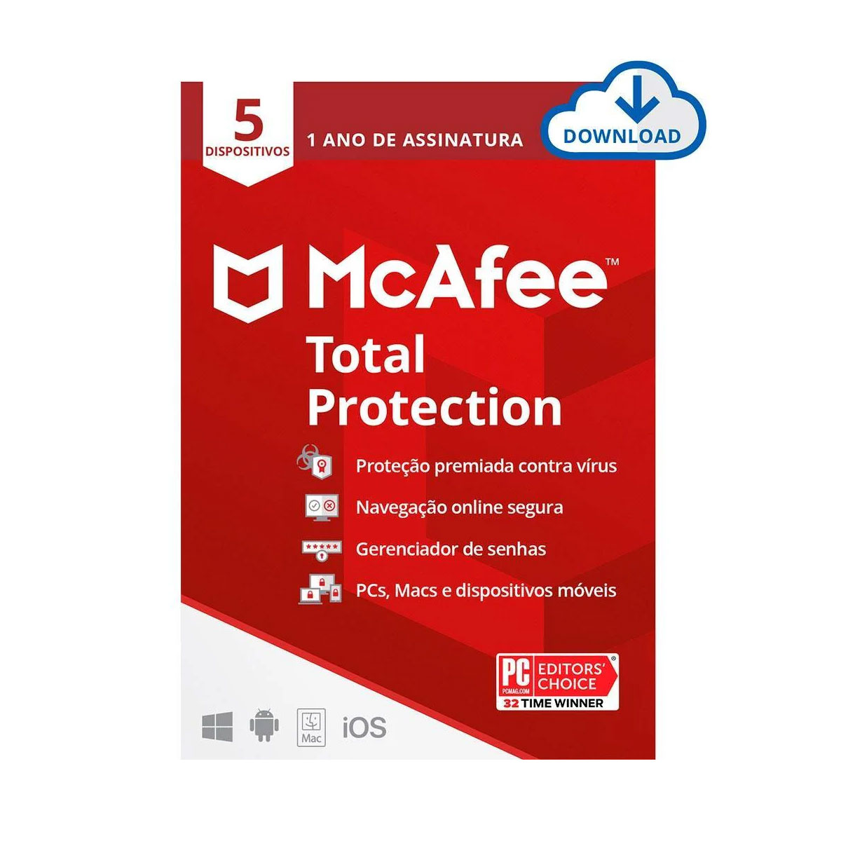 McAfee Antivírus Total Protection - Licença de 1 ano - Para 5 Dispositivos - ESD - Versão Download