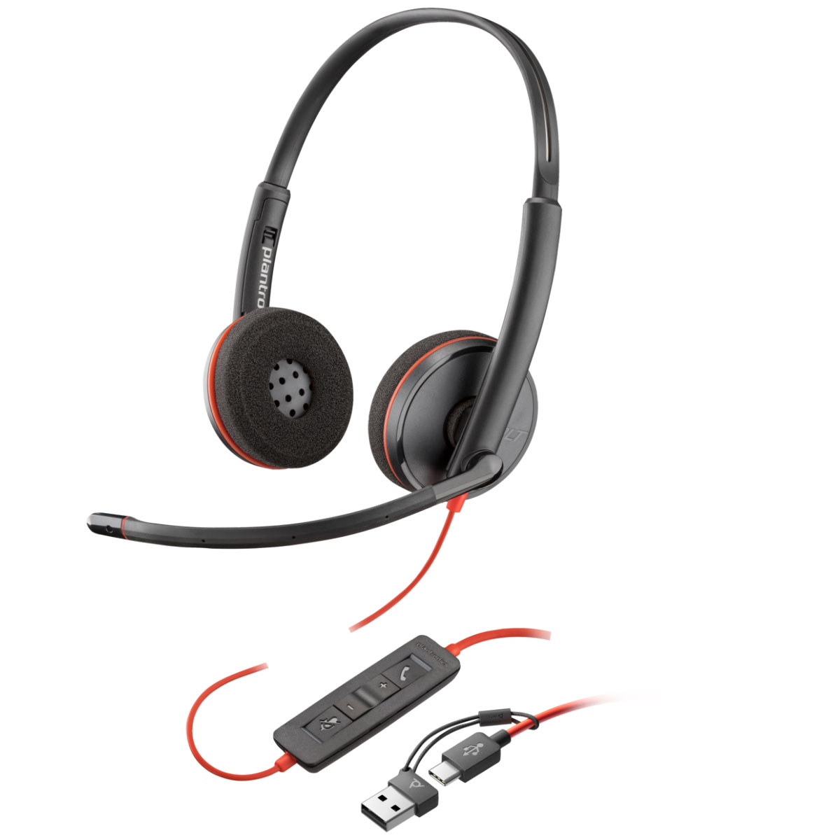 Headset HP Poly Blackwire C3220 - USB e USB-C - Driver 28mm - Preto e Vermelho - 8X228AA