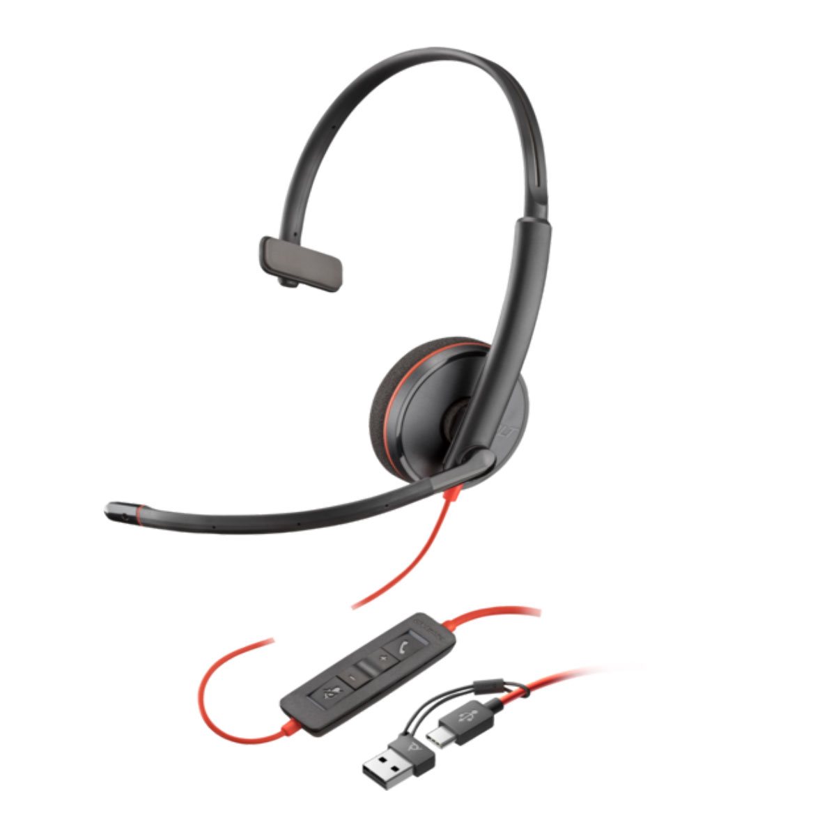 Headset HP Poly Blackwire C3210 Monaural - USB e USB-C - Preto e Vermelho - 8X214A6