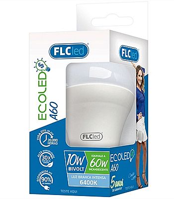 Iluminação & Elétricos - Lâmpada LED 10W - Soquete E27 - Bivolt - Cor 6400K - Bulbo A60 - 806 Lumens - FLC EcoLED