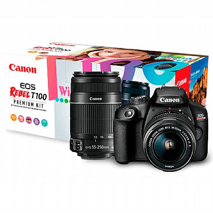 Câmera Digital - Canon EOS Rebel T100 Premium Kit com Lente 18-55 e Lente EF-S 55-250 - 18 Mega Pixels - Sensor CMOS - DIGIC 4+ - Wi-Fi - 2628C005AA