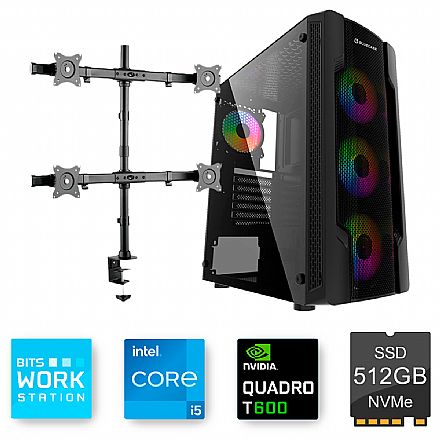 Computador Workstation - Computador WorkStation Bits Trader Profit II - Intel i5 14400F, 16GB, SSD 500GB, Nvidia Quadro T600, Acompanha suporte de mesa para até 4 monitores