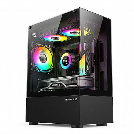 Gabinete - Gabinete Gamer Aquário Bluecase Nuker BG-053BBX - Lateral e Frontal em Vidro Temperado - Micro ATX - USB 3.2 - Preto