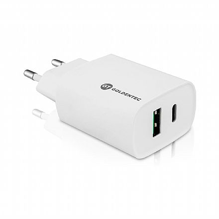 Carregadores - Carregador de Parede USB e USB-C - Goldentec Fast Charge - 20W - Carregamento Rápido - Branco - 62082