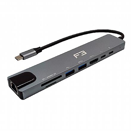 Placas e Adaptadores de rede - Adaptador USB-C para RJ45 - HUB 3 Portas USB 3.0 - HDMI, Leitor de Cartão - 8 em 1 - F3 JC-TYC-860