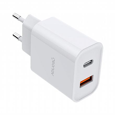 Carregadores - Carregador de Parede USB e USB-C - Geonav Duo CH20PDQC - 20W - Carregamento Rápido - Branco