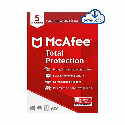 Software - McAfee Antivírus Total Protection - Licença de 1 ano - Para 5 Dispositivos - ESD - Versão Download