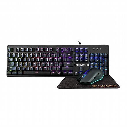 Kit Teclado e Mouse - Kit Teclado e Mouse Gamer com Mousepad Gamdias Hermes P1B 3 Em 1 - 3200dpi - RGB - P1B 3-IN-1 COMBO