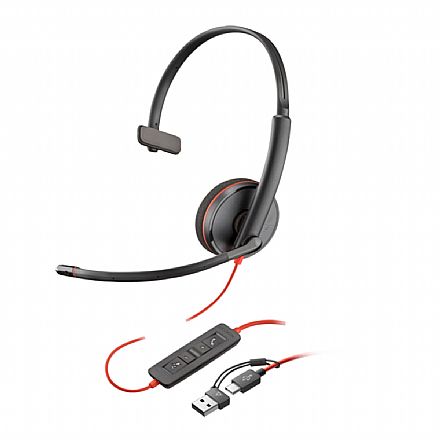 Fone de Ouvido - Headset HP Poly Blackwire C3210 Monaural - USB e USB-C - Preto e Vermelho - 8X214A6