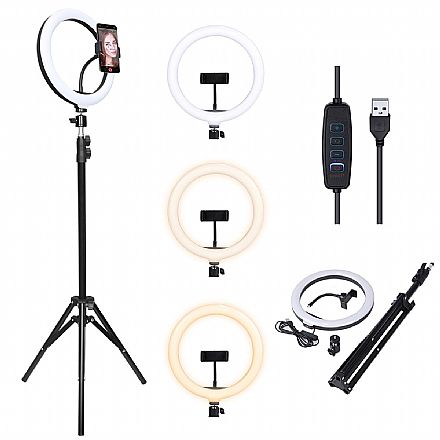 Acessorios de telefonia - Iluminador LED Ring Light 10" - Tripé 1,65m - Anel 26cm - Luz 12W 3 tonalidades - USB - Vinik RL26