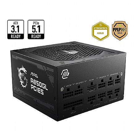 Fonte 850W MSI MAG A850GL PCIE5 - Modular - Eficiência Até 90% - 80 PLUS® Gold - PFC Ativo - Preto