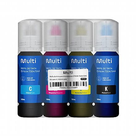 Refil de Tinta Multilaser - Compatível com Epson T504/544 - Kit com 4 cores - RF032 - Para Impressora e Multifuncional Tanque de Tinta Epson